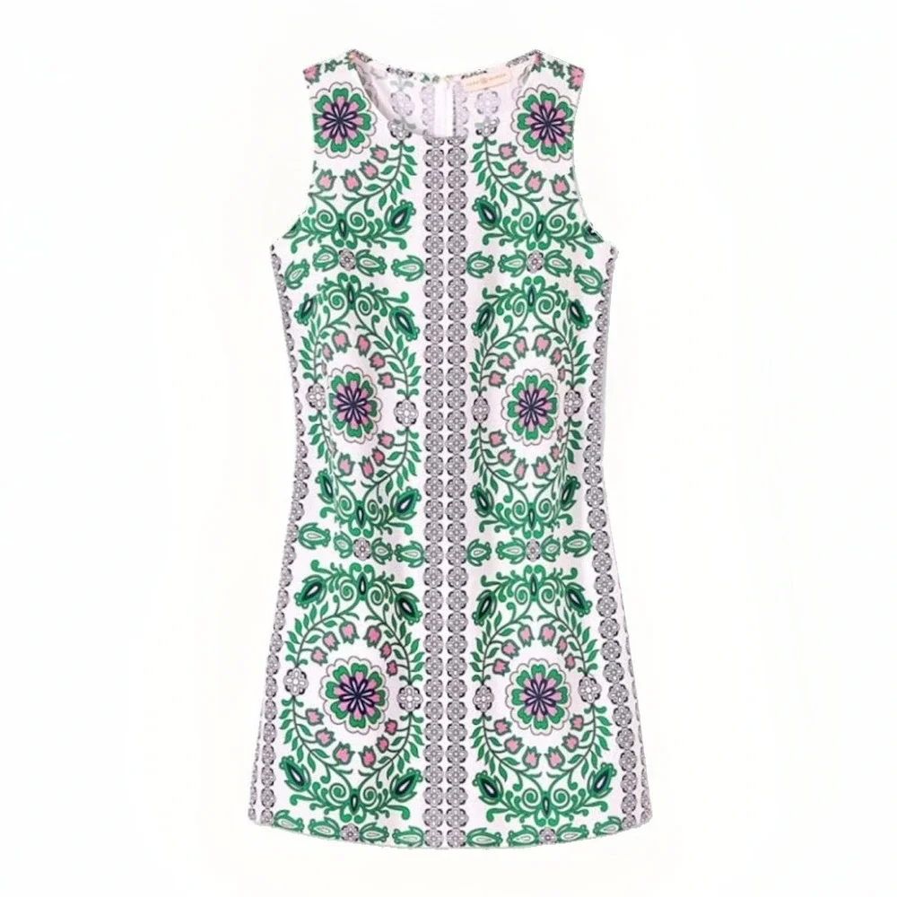 Tory Burch XL Hicks Garden Party Linen Shift Dress Matching Scarf Wrap Set Mod